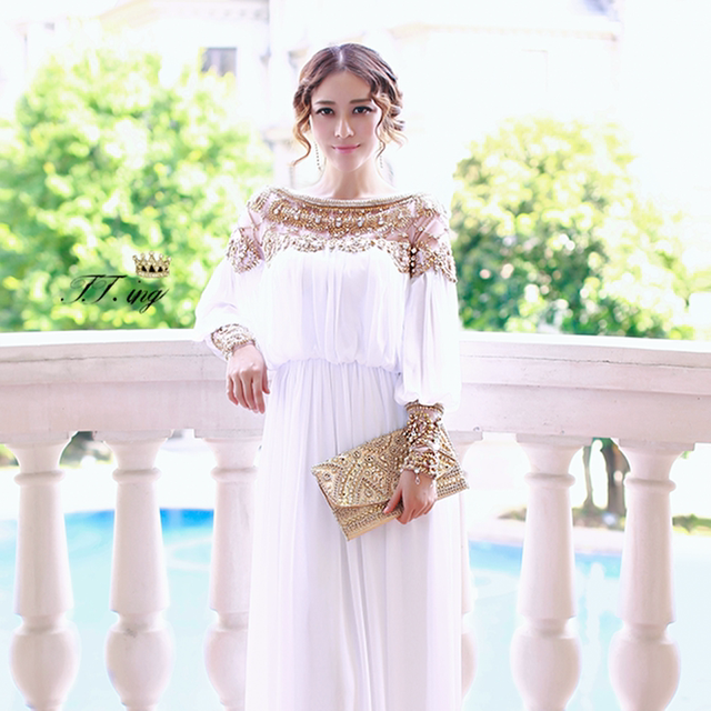 High-end palace style, western style goddess fan clothes heavy industry beaded chiffon dress super fairy dress long skirt