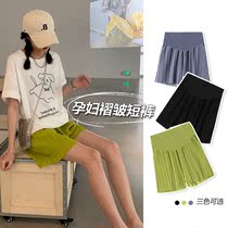 Pregnant women pleated shorts summer thin wear Korean version of loose casual straight five-piece pants green underbelly middle pants