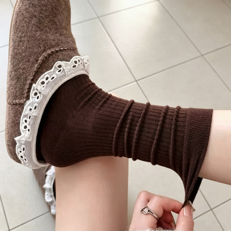 Brown Slouch Socks, Dark Coffee-Colored Socks, Autumn Vintage Slimming Mid-Calf Socks, Women's Long Socks Paired with Loafers Brown Slouch Socks, Dark Coffee-Colored Socks, Autumn Vintage Slimming Mid-Calf Socks, Women's Long Socks Paired with Loafers