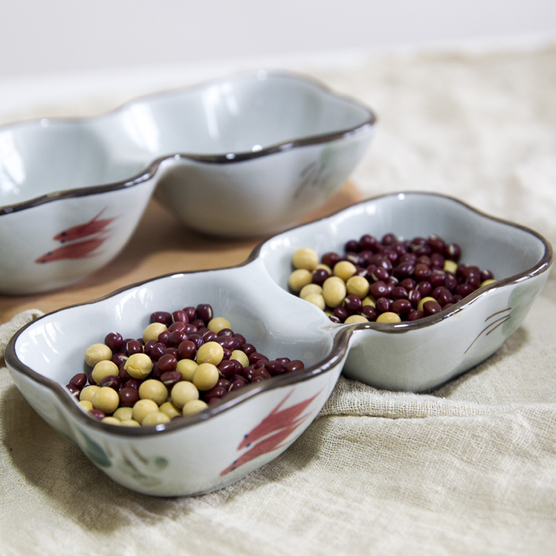 And four seasons condiment disc ink jiangnan lotus expressions using flavor dish double lattice dessert plate flavor dish under glaze color porcelain dish