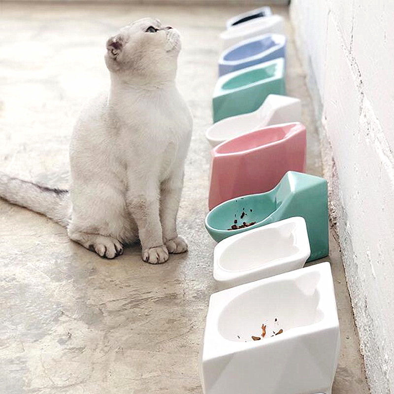 Oh li cat bowl geometric ceramic pet food bowl water bowl cat bowl tilt mouth protection cervical spine simple and beautiful anti-overturning
