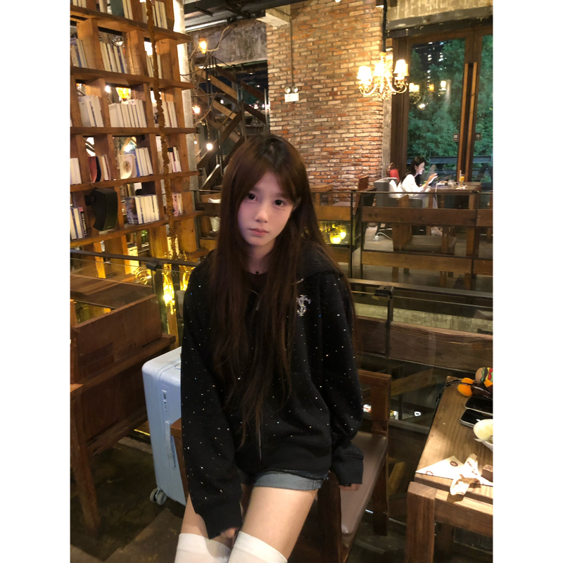 American High Street Style Starry Sky Hooded Cardigan Sweatshirt for Women, Spring and Autumn Design, Loose Fit, National Trend Brand, Zipper, Rhinestone Jacket American High Street Style Starry Sky Hooded Cardigan Sweatshirt for Women, Spring and Autumn Design, Loose Fit, National Trend Brand, Zipper, Rhinestone Jacket