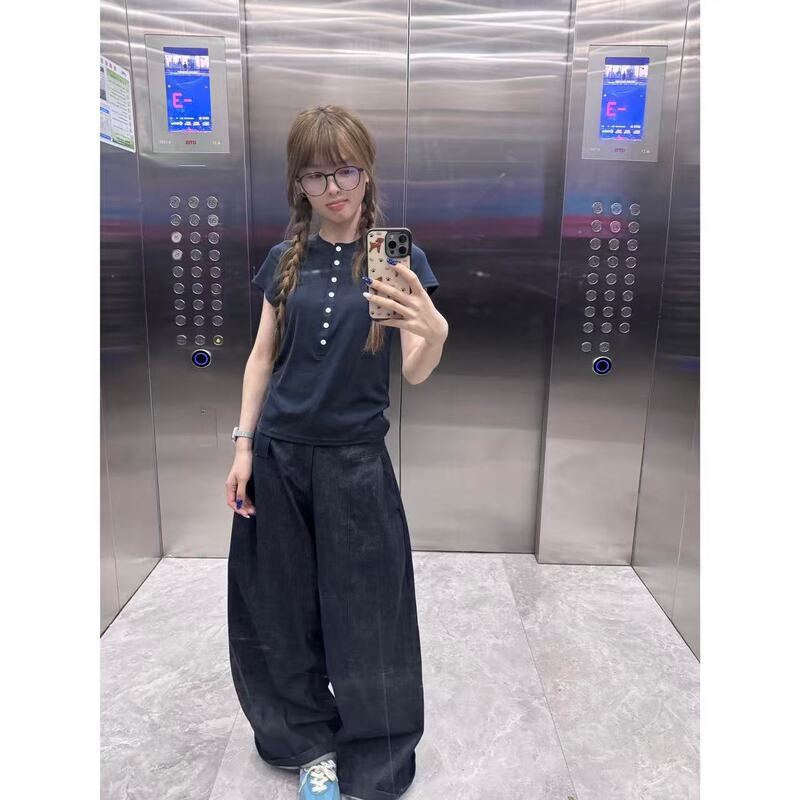 Korean-Style Navy Blue Button-Down Henley Collar Short-Sleeve T-Shirt for Women, New Summer Model, Waist-Cinching, Slimming, Casual, Versatile, Regular Shoulder Top