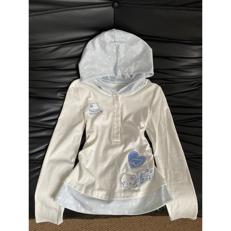 Sweet and Cute Style Embroidered Kitten and Star Hooded Long-Sleeve T-Shirt for Women, Early Autumn Slim-Fit Fake Two-Piece Design Top Sweet and Cute Style Embroidered Kitten and Star Hooded Long-Sleeve T-Shirt for Women, Early Autumn Slim-Fit Fake Two-Piece Design Top