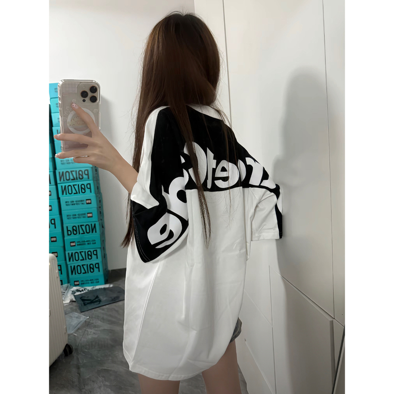 American Retro Letter Color-Blocked Short-Sleeve T-Shirt for Women, Summer Loose Design, Niche High Street Half-Sleeve Couple Top