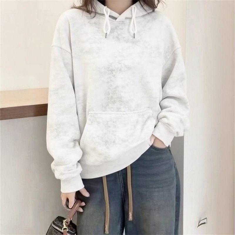High-End Tie-Dye Sweatshirt for Women, Hooded, New Spring and Autumn Style, Loose Fit, Slimming Hoodie, Autumn and Winter Fleece-Lined and Thickened Top, Base Layer