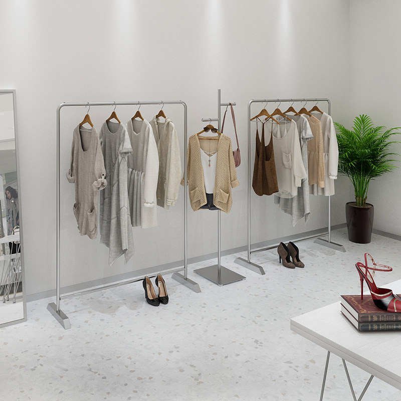 Clothing store display rack floor-standing hanger display rack women's clothes rack new silver stainless steel shelf