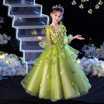 Children's Dress for Girls' Birthday, Puffy Tulle Princess Dress, Short in Front and Long in Back, Forest-Style Flower Fairy Hostess Runway Performance Costume