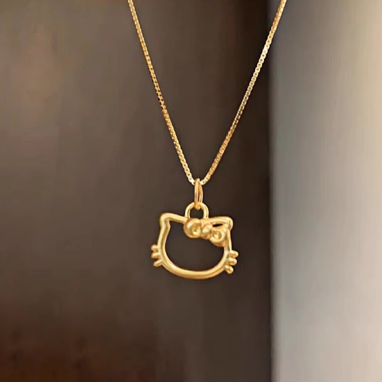 Authentic 999 Pure Gold Hollow Hello Kitty Cat Head Necklace for Women, Kt Cat Braided Rope Hello Kitty Kt Qixi Festival Gift Authentic 999 Pure Gold Hollow Hello Kitty Cat Head Necklace for Women, Kt Cat Braided Rope Hello Kitty Kt Qixi Festival Gift
