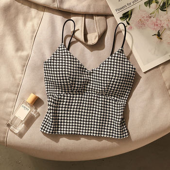 French chic and beautiful plaid camisole women's summer inner wear beautiful straps chest pad tube top top design sense to wear