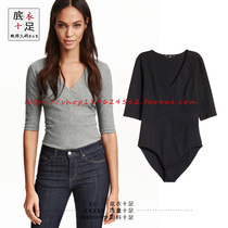 Spring and summer new cotton adult one-piece solid color large size V-neck cotton tight T-shirt slim 7-point sleeve top