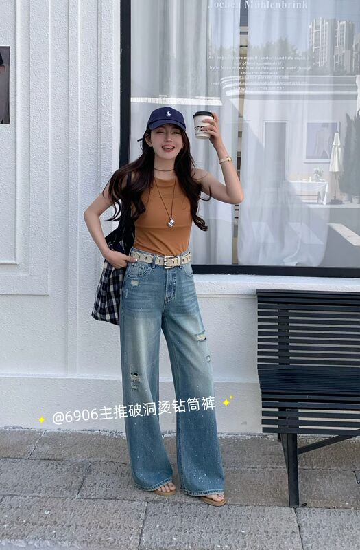 2026 Spring High-Waisted Slimming High-Elastic Rhinestone-Studded Ripped Blue Straight-Leg Jeans for Women