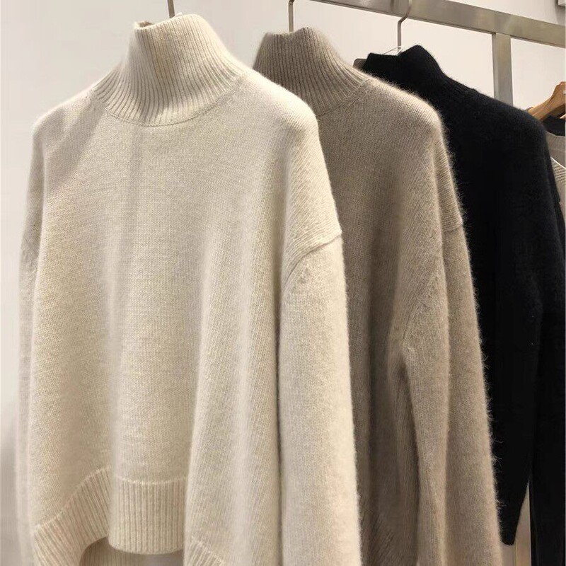 100% Pure Wool Sweater for Women, High-Neck Wool Sweater, Thickened, Lazy Style, Loose Fit, High-End Feel, Oversized Knit Base Sweater 100% Pure Wool Sweater for Women, High-Neck Wool Sweater, Thickened, Lazy Style, Loose Fit, High-End Feel, Oversized Knit Base Sweater