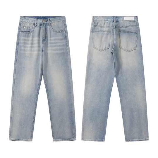 Shirtless Brother American High Street Retro Washed and Distressed Light Blue Slim Straight Jeans