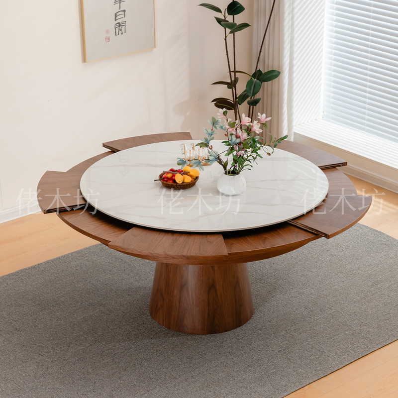 Medieval-Style Black Walnut Wood Rock Slab Rotating Dining Table and Chairs, Modern Simple Round Shape, Extendable and Expandable to Become a Round Table for 12 People
