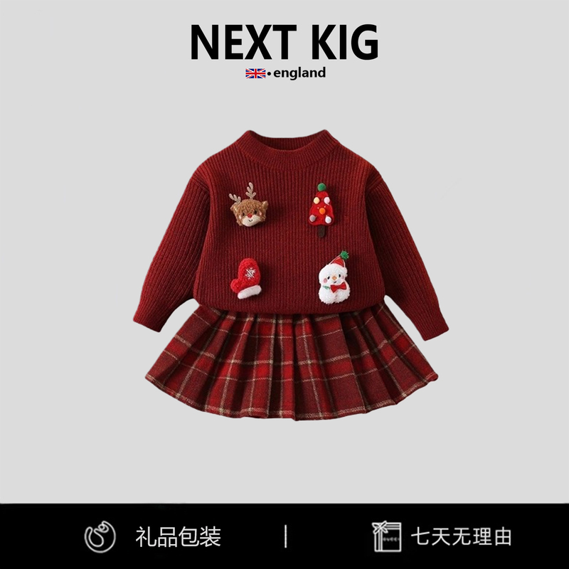 British Next Kig Girls' Red Princess Dress Suit Autumn and Winter Christmas Baby Girl Knitted Sweater Plaid Skirt Suit