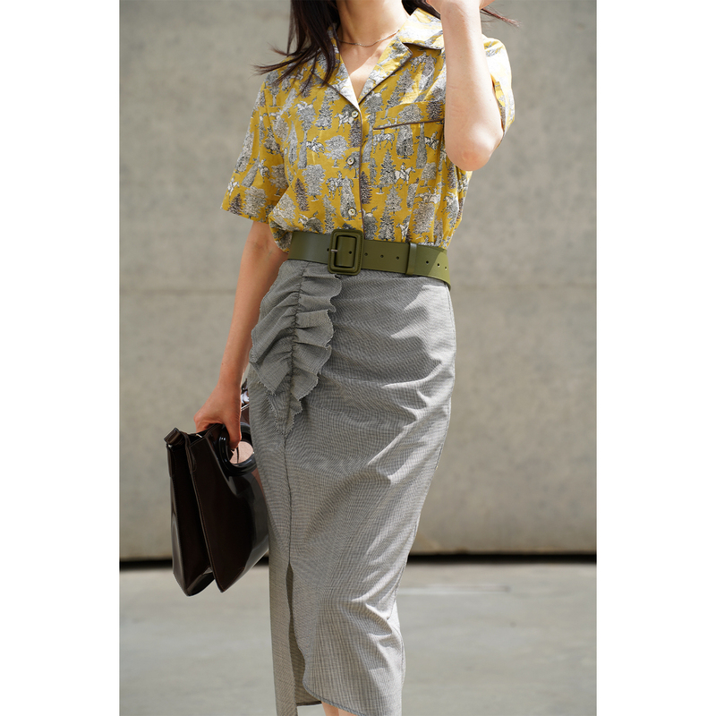 Yiye Shurou - Thin Ultra-Fine Mercerized Wool Houndstooth Wrinkle-Resistant No-Iron Three-Dimensional Leaf Asymmetrical Pencil Skirt Yiye Shurou - Thin Ultra-Fine Mercerized Wool Houndstooth Wrinkle-Resistant No-Iron Three-Dimensional Leaf Asymmetrical Pencil Skirt