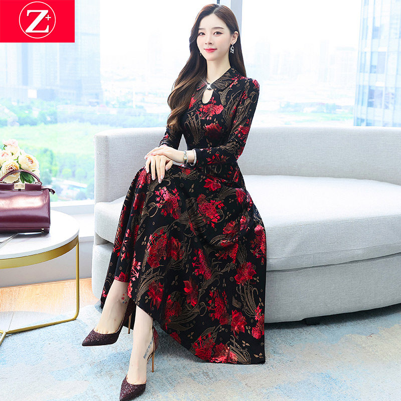 Long-sleeved floral improved cheongsam dress women 2022 autumn new high-end temperament long skirt autumn dress