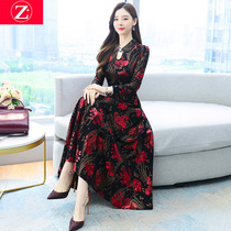 Long sleeve floral modified cheongsam dress women's 2021 autumn new high-end temperament long large skirt autumn dress