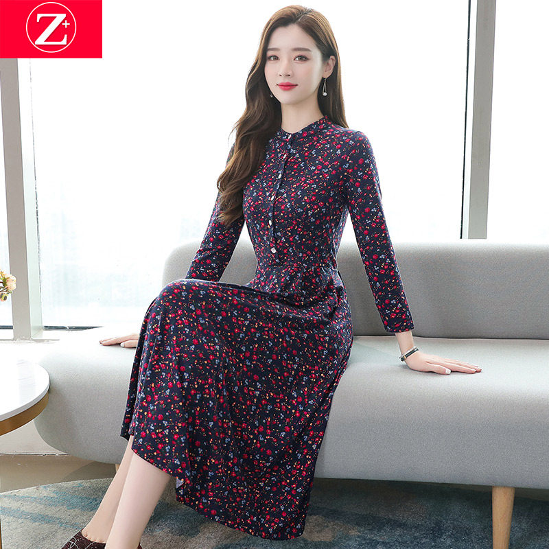 Your wife's age-reducing long sleeve floral dress female 2021 autumn dress new waist high-end temperament mother long skirt