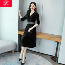 Early autumn fashion temperament long sleeve golden velvet dress 2021 new long women's ladies pleated skirt