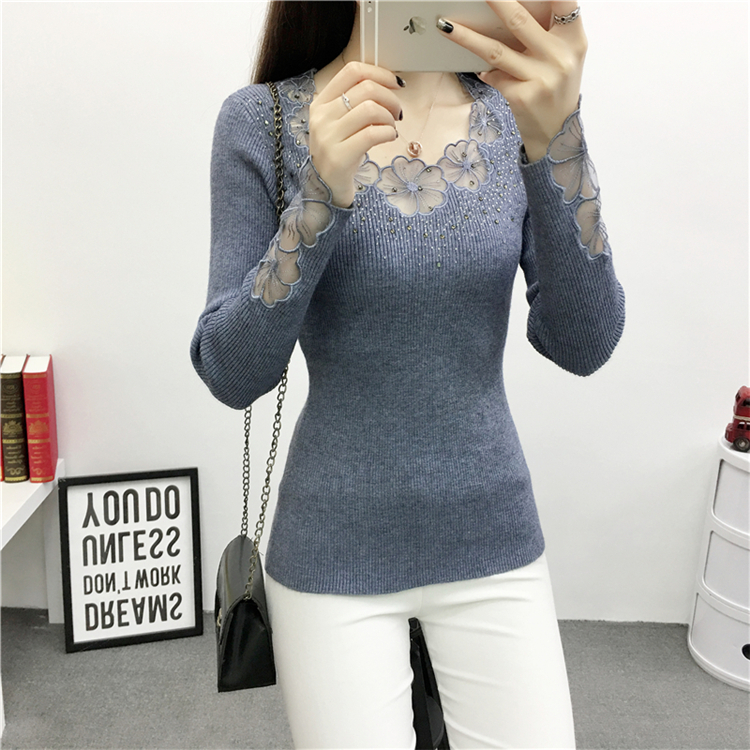 2018 mới thu đông thuần màu đen cơ sở áo len mỏng áo len mỏng tay dài ren cổ tròn thêu áo nữ mẫu áo len nữ đẹp 2021
