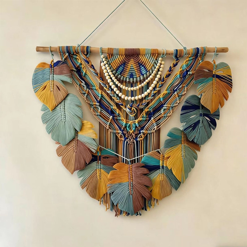 Bohemian Ethnic Style Medieval Hand-Woven Tapestry Wall Hanging with Colorful Leaf Tassels for Wall Decoration Bohemian Ethnic Style Medieval Hand-Woven Tapestry Wall Hanging with Colorful Leaf Tassels for Wall Decoration