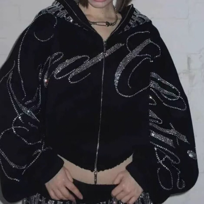 Subculture Punk Y2K Yabi Visual Style Letter Rhinestone Short Hooded Sweatshirt Jacket for Women Winter Light Top