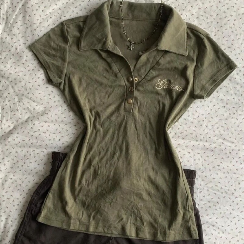 Subculture Y2K Millennial Hot Girl Yabi Outfit American Retro Polo Collar Green T-Shirt Women's Summer Short Sleeve Top Subculture Y2K Millennial Hot Girl Yabi Outfit American Retro Polo Collar Green T-Shirt Women's Summer Short Sleeve Top