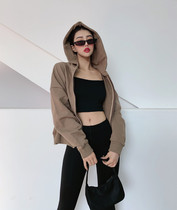 LIVIA European and American casual fashion daily B with autumn short hooded sweater jacket high waist zipper hoodie slim