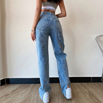 liviahome vintage American back split jeans womens hanging loose straight trousers casual mop trousers