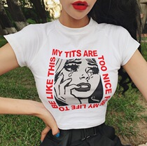 LIVIA Ome blogger ins Girl Alphabet Print T-shirt with shoulder off-button short sleeve slim slim slim bottoming top