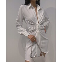 LIVIA French retro lazy dress waist slim sexy deep V-neck white irregular slim shirt dress