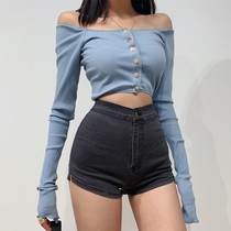 LIVIA American retro breasted sexy strapless super long sleeve bottoming T-shirt single wear beautiful shoulder short top