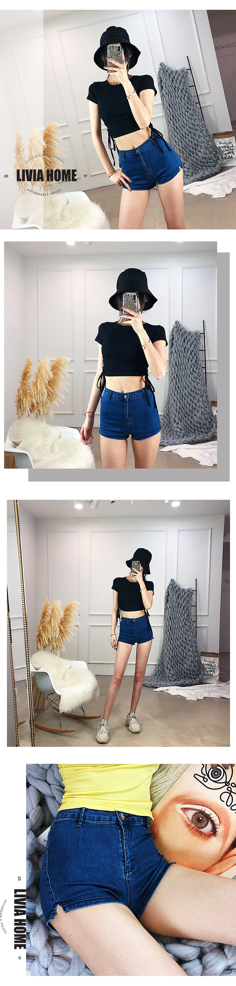 LIVIA mặc đồ cao và mỏng đẹp mới co giãn eo cao cô gái denim quần short gợi cảm bó sát quần nóng bỏng thiết kế thời trang nữ