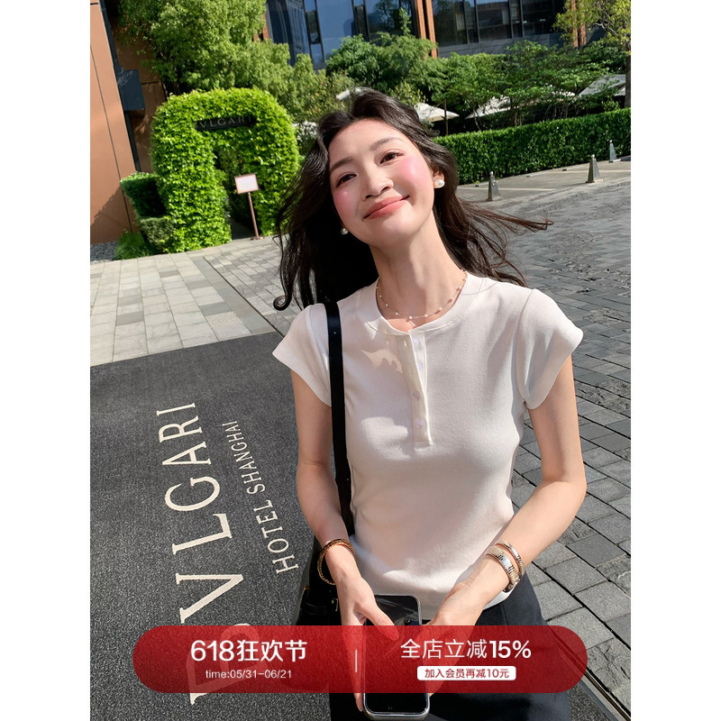 Folelse【Henry Shirt】Soft and Comfortable Short-Sleeved T-Shirt, New Summer Style, Regular Shoulder, Versatile, Slimming, Simple Top #