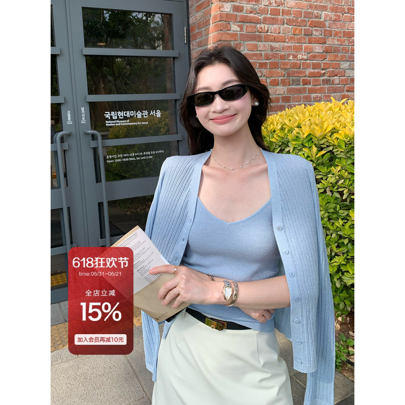 Folelse【Luminous Glitter Yarn】Italian Ol*Vo Spinning Technique Chao Elastic Slim Fit V-Neck Cardigan/Strap Top