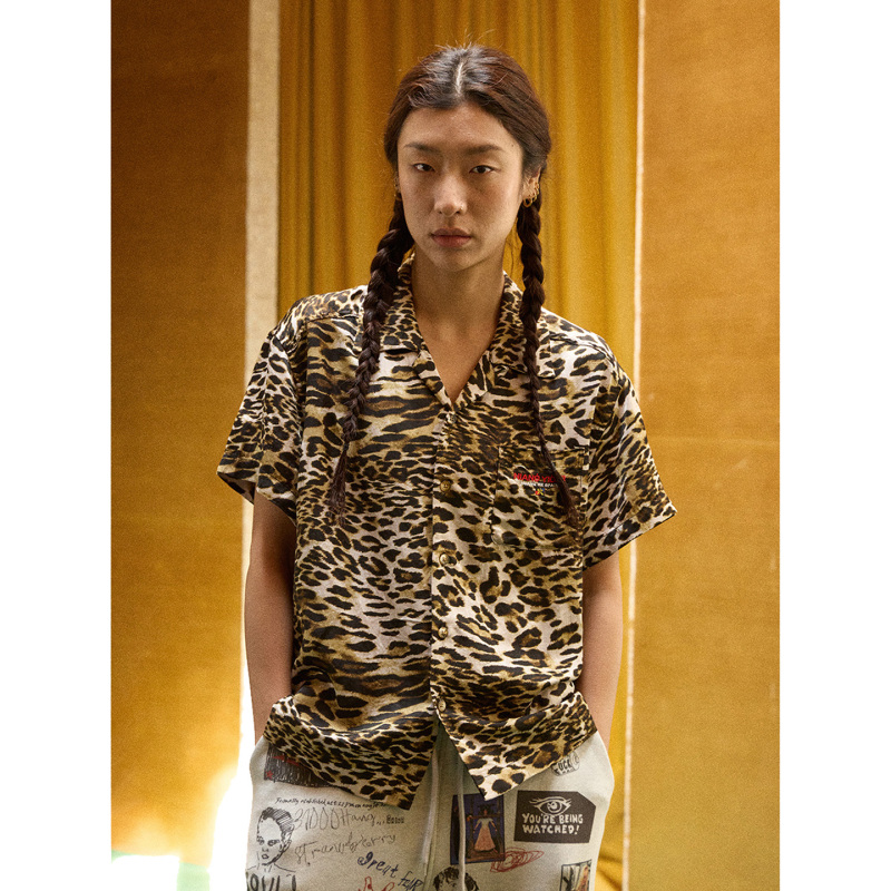 Year Nine One Two Qiluo Rose Dark Pattern Jacquard Tencel Linen Leopard Print Floral Shirt Hawaiian Short Sleeve Shirt