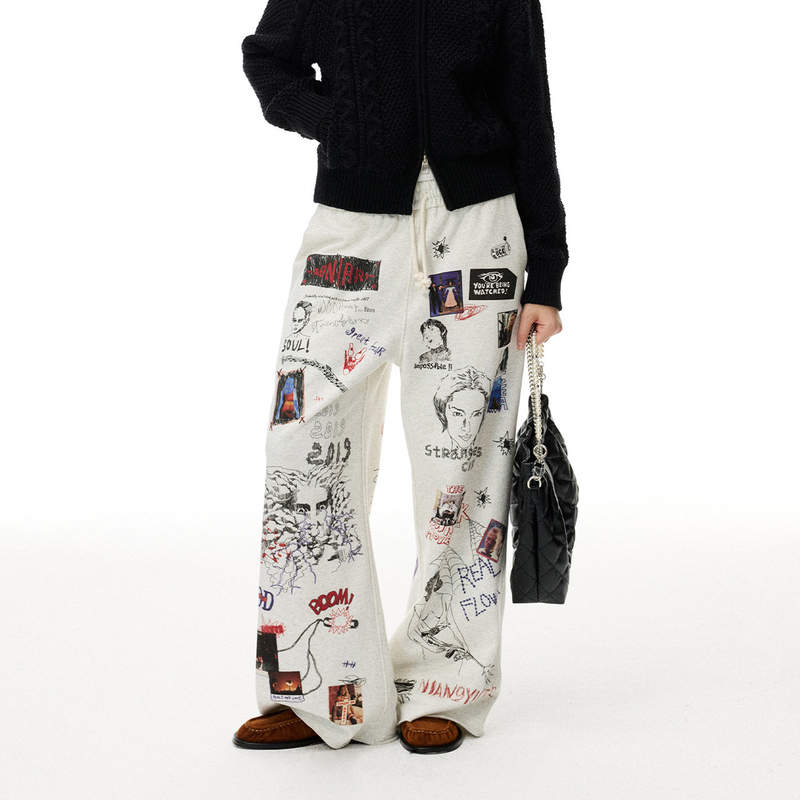 New Year's Day 9/12 Broadway Full Print Oatmeal Gray Casual Pants Autumn Knit Straight-Leg Sweatpants Unisex