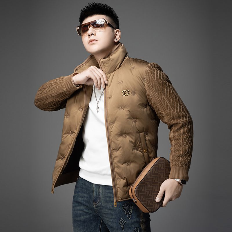 European Style Men's Lightweight down Jacket Winter High-End Knitted Sleeve Splicing Stand Collar Slim Fit 90 White Duck down Coat European Style Men's Lightweight down Jacket Winter High-End Knitted Sleeve Splicing Stand Collar Slim Fit 90 White Duck down Coat
