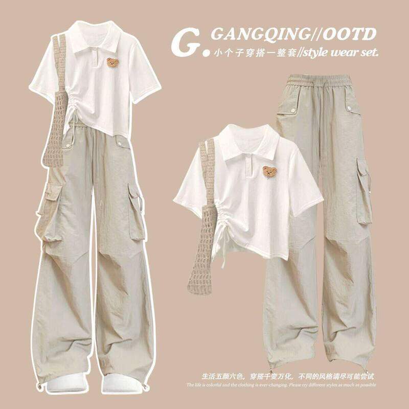 Summer Lapel Japanese-Style T-Shirt Short-Sleeve Set for Girls, Older Children, Students, Korean-Style Casual Sports Cargo Pants Two-Piece Set ins Summer Lapel Japanese-Style T-Shirt Short-Sleeve Set for Girls, Older Children, Students, Korean-Style Casual Sports Cargo Pants Two-Piece Set ins