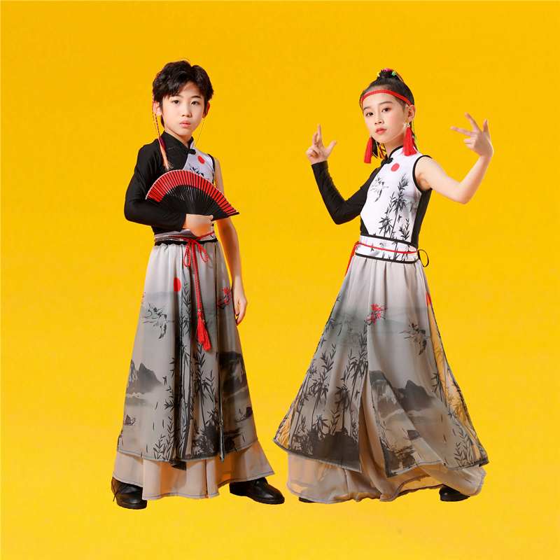 Children's Chinese-Style Ink Painting Performance Costume, New Classical Dance Outfit for Children's Day, Improved Hanfu Ancient Dance Costume
