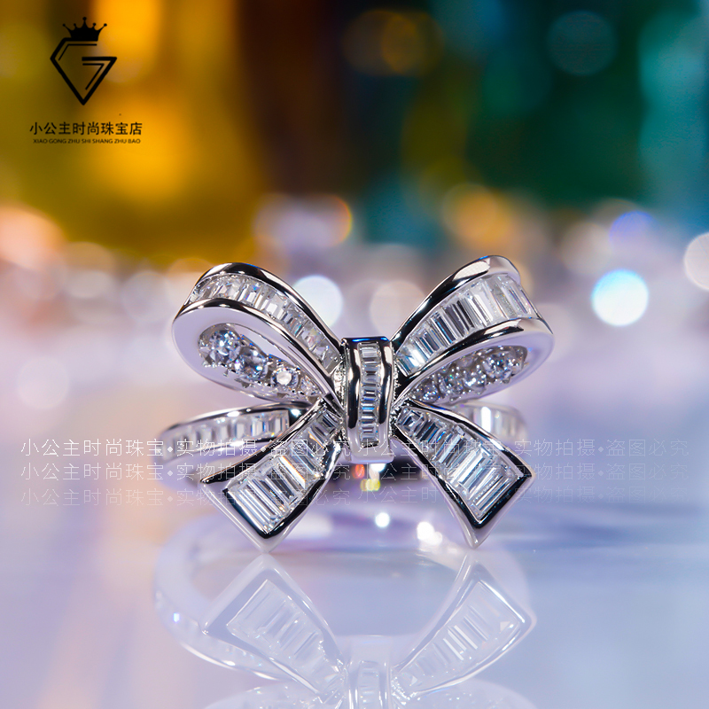 18K platinum ring mosanstone butterfly knot full of diamond ring white gold inlaid ladder square ring begging for marriage female ring