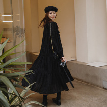 Real shot ins Hepburn style black lace V-collar single-breasted loose medium long pendulum a dress