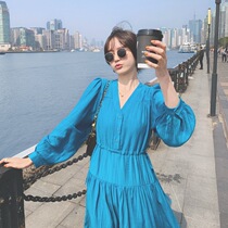 Real shot main push ins gentle salt sea breeze skirt V collar single-breasted drawstring waist temperament blue jumpsuit long skirt spring