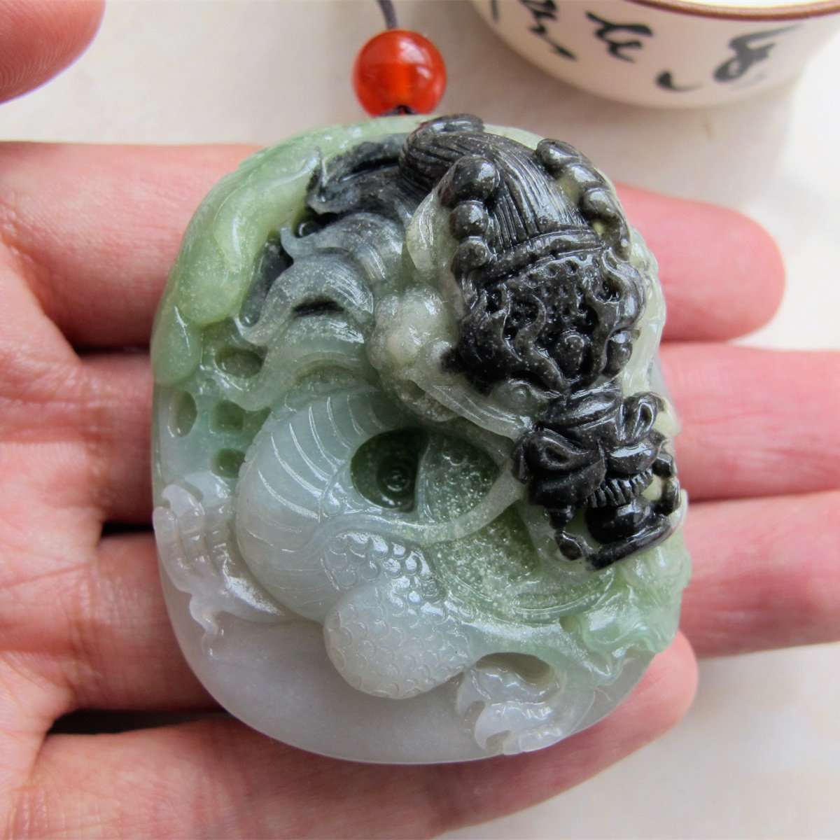 Tricolor Natural Hetian Jade White Jade Zodiac Dragon Pendant Qinghai Material Emerald Jade Black Leather Pendant Handle