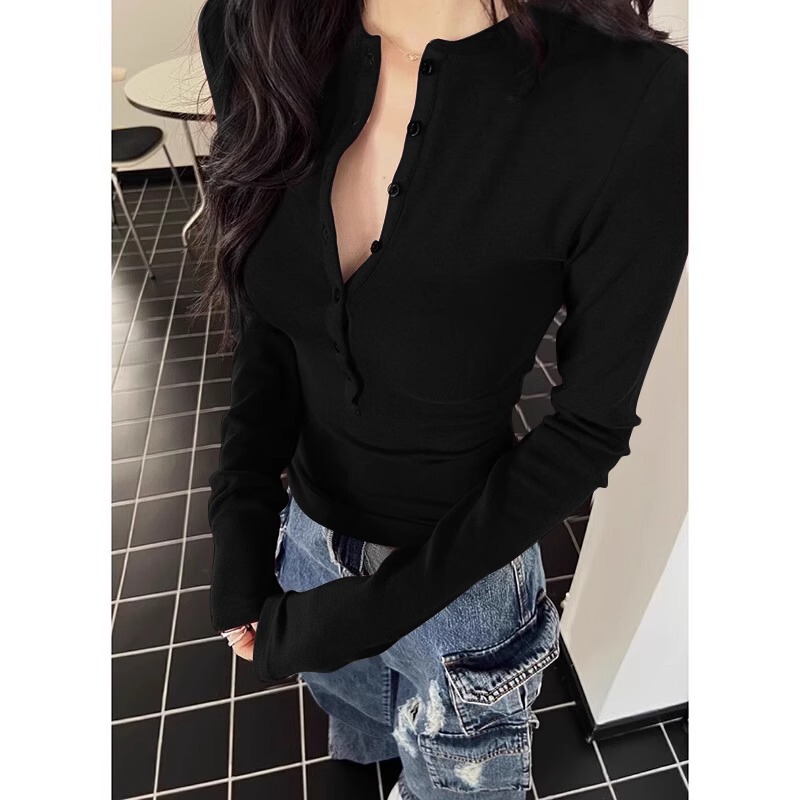 Sexy Black V-Neck Button-Up Inner Layering Shirt for Women, Spring and Autumn Half-Open Collar Elastic Tight-Fitting T-Shirt That Shows Off the Figure