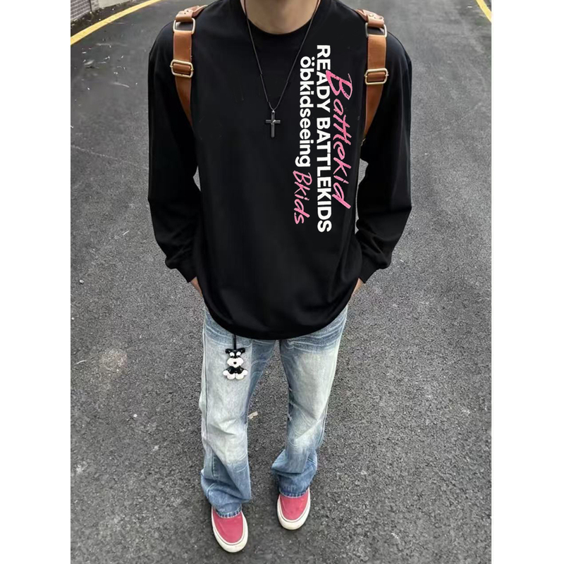 Design-Inspired Niche Hoodless Sweatshirt with Letter Print, Long-Sleeve T-Shirt for Men, American High Street Style, Loose Fit, Couple's Base Layer Top Design-Inspired Niche Hoodless Sweatshirt with Letter Print, Long-Sleeve T-Shirt for Men, American High Street Style, Loose Fit, Couple's Base Layer Top