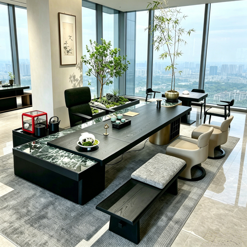 Italian-Style High-End Slate Solid Wood Tea Table and Chair Set, Modern Minimalist Office Integrated Villa Tea Room Living Room Tea Table