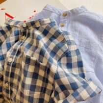 Solar comfort Wind ~ Nicole family summer male and female baby stand short sleeves Child plaid striped washed cotton shirt
